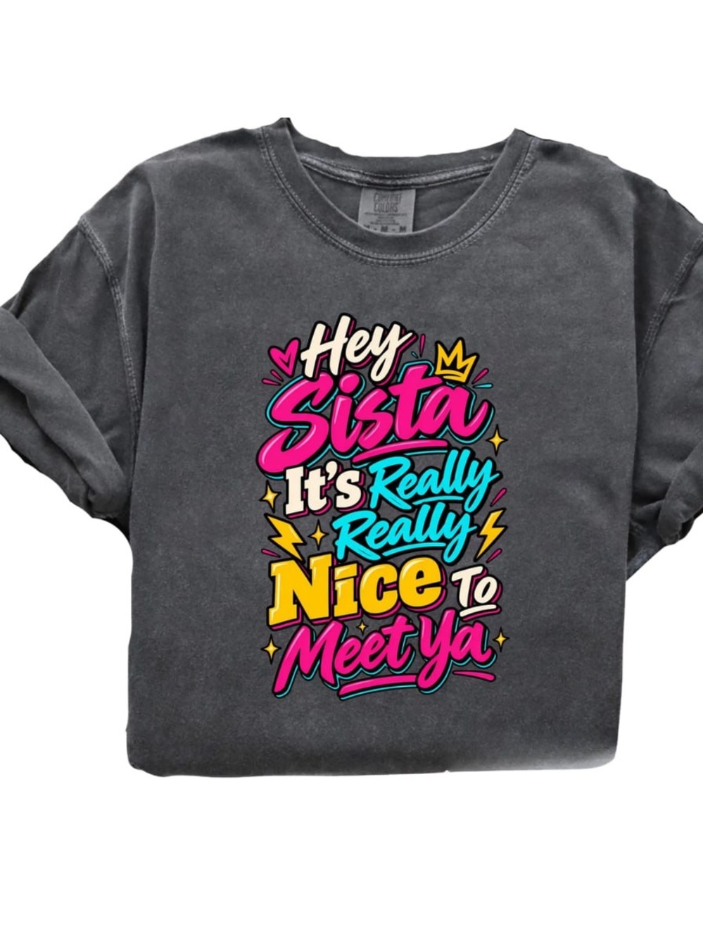 Comfort Colors Pepper Tee with Pink, Yellow & Aqua Graphic